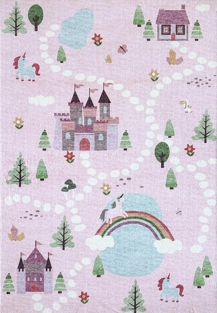 Rug Branch Soft Steps Playtime Unicorns, Castle, Road Map, Educational Soft Area Rug, Pink White - Boys & Girls in Playroom, Nursery, Bedroom<br>