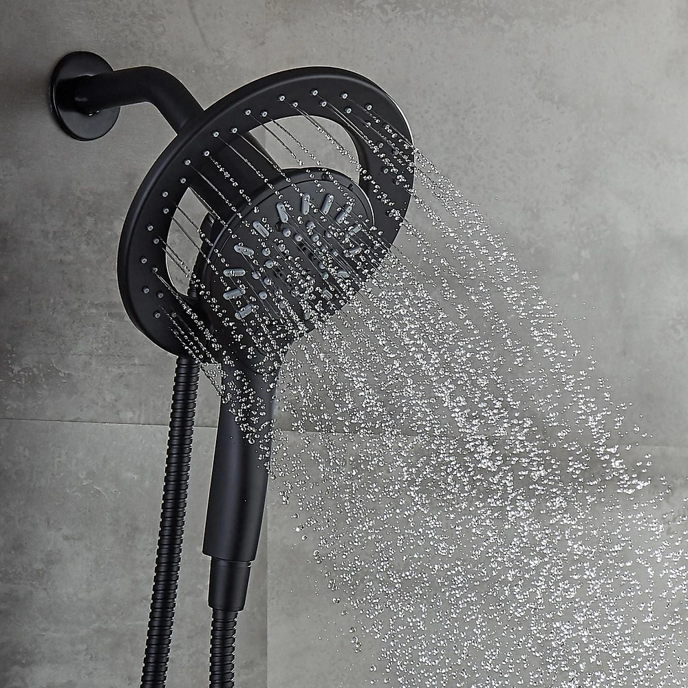 Valve thermostatique carrée avec déviateur à 4 voies d'Akuaplus®. 2 douchettes magnétiques à 3 réglages avec bouton poussoir et pommeau de douche pivotable. Fini noir mat