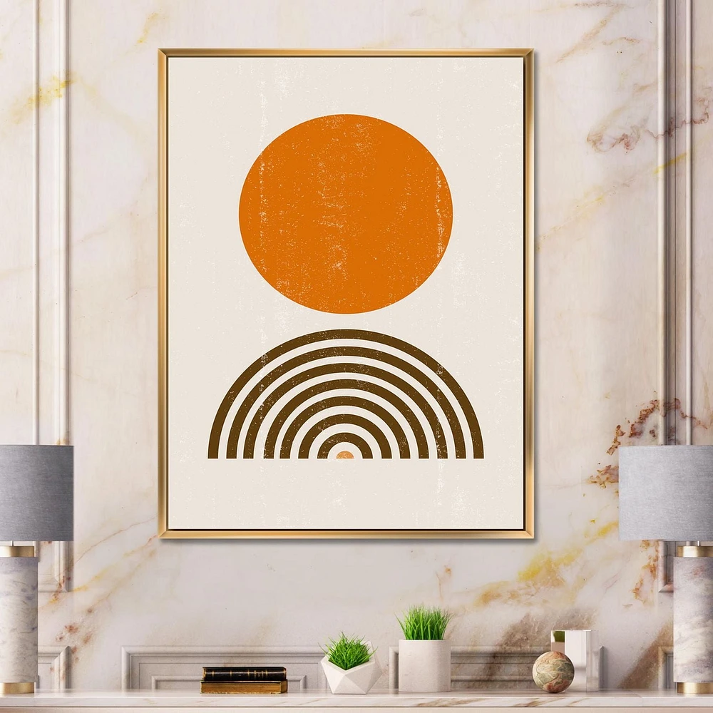 Designart Résumé Minimal orange Sun et Rainbow I ART MURAL À CADRE FLOTTÉ