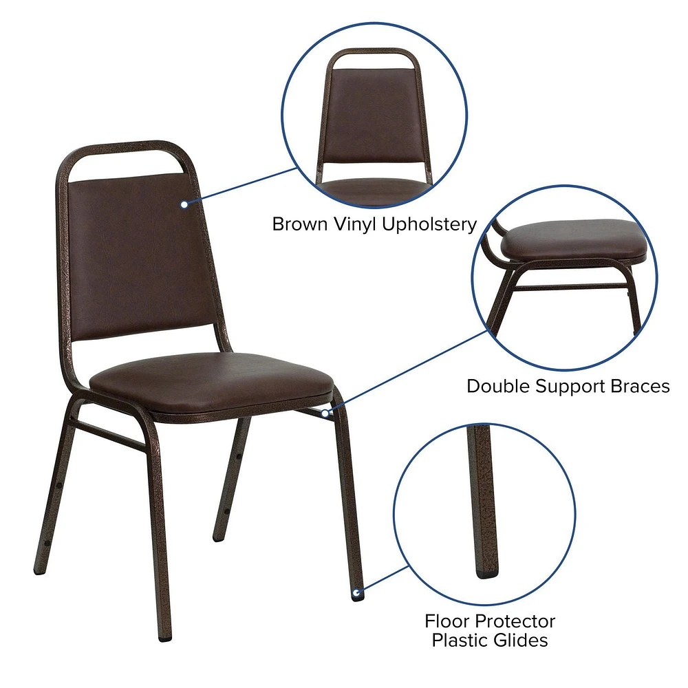 Lot de 4 pièces - Chaise de banquet empilable de la série HERCULES à dossier trapèze en vinyle brun - Cadre veine de cuivre