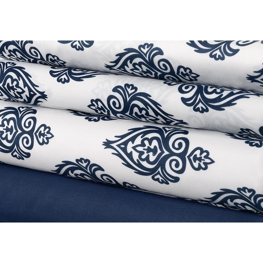 Safdie & Co. Sheet Set Microfiber 3PC T Damask Printed Solid Navy
