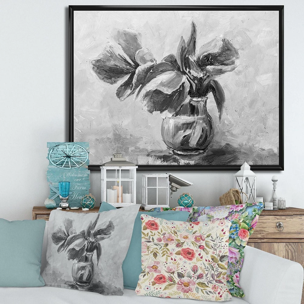 Designart Nature morte monochrome de fleurs dans un vase ART MURAL À CADRE FLOTTÉ