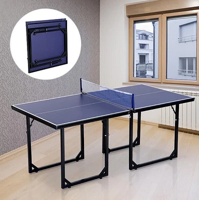 Soozier 6x3ft Table de tennis de table compacte de taille moyenne Table de ping-pong familiale multi-usage pliante debout libre bleu