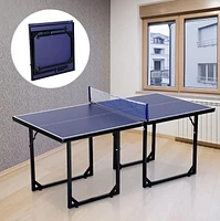 Soozier 6x3ft Compact Midsize Table Tennis Table Multi-Use Family Ping-pong Table Free Standing Folding Blue