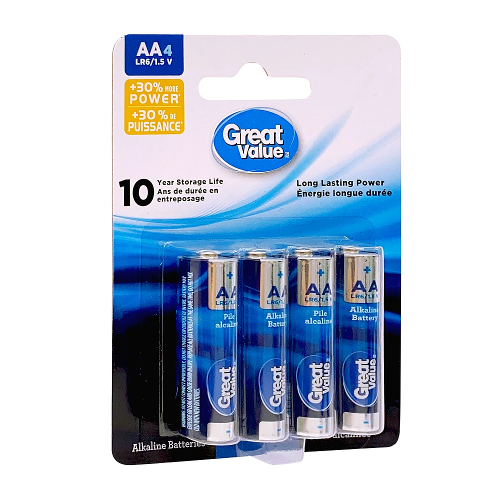 Great Value AA LR6/1.5 V Alkaline Batteries 4-Pack, 10-year storage life, Long lasting power guarantee