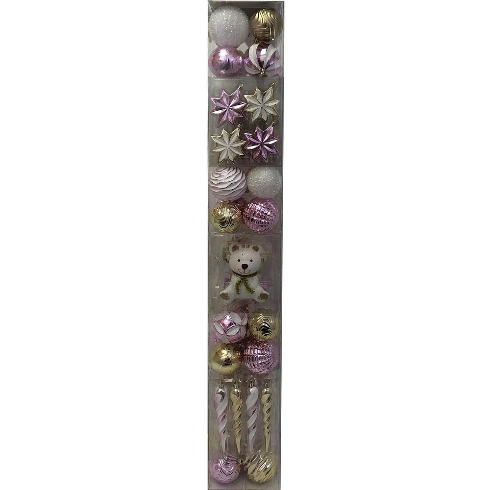 Ensemble d'articles de décoration d'arbre de Noël, rose, blanc et or, 70 pièces