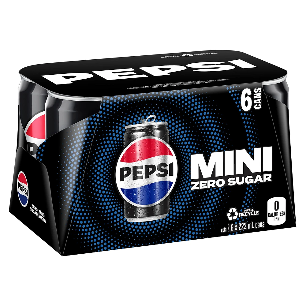 Pepsi Zero Sugar Cola 6 x 222mL, Mini Cans, 6 x 222ml