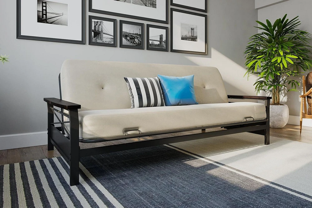 Cadre de futon en métal Nadine de DHP avec accoudoirs en bois espresso - matelas deux places vendu séparément