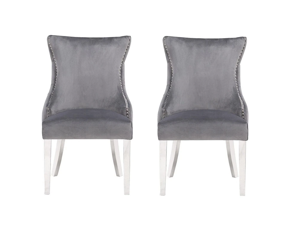 Chaise Odie en Gris, chaise de salle à manger avec garniture cloutée, chaise de salle à manger en velours, chaise de salle à manger avec pieds en acier inoxydable pour cuisine et salon - Ensemble 2