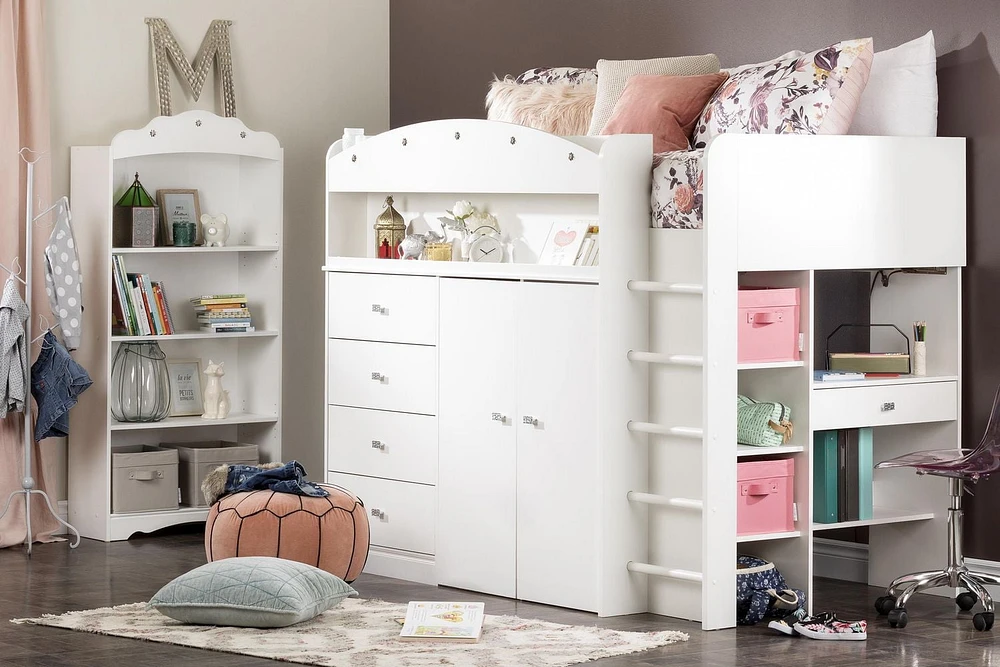 South Shore, Tiara collection, Loft Bed with Desk Pure White
