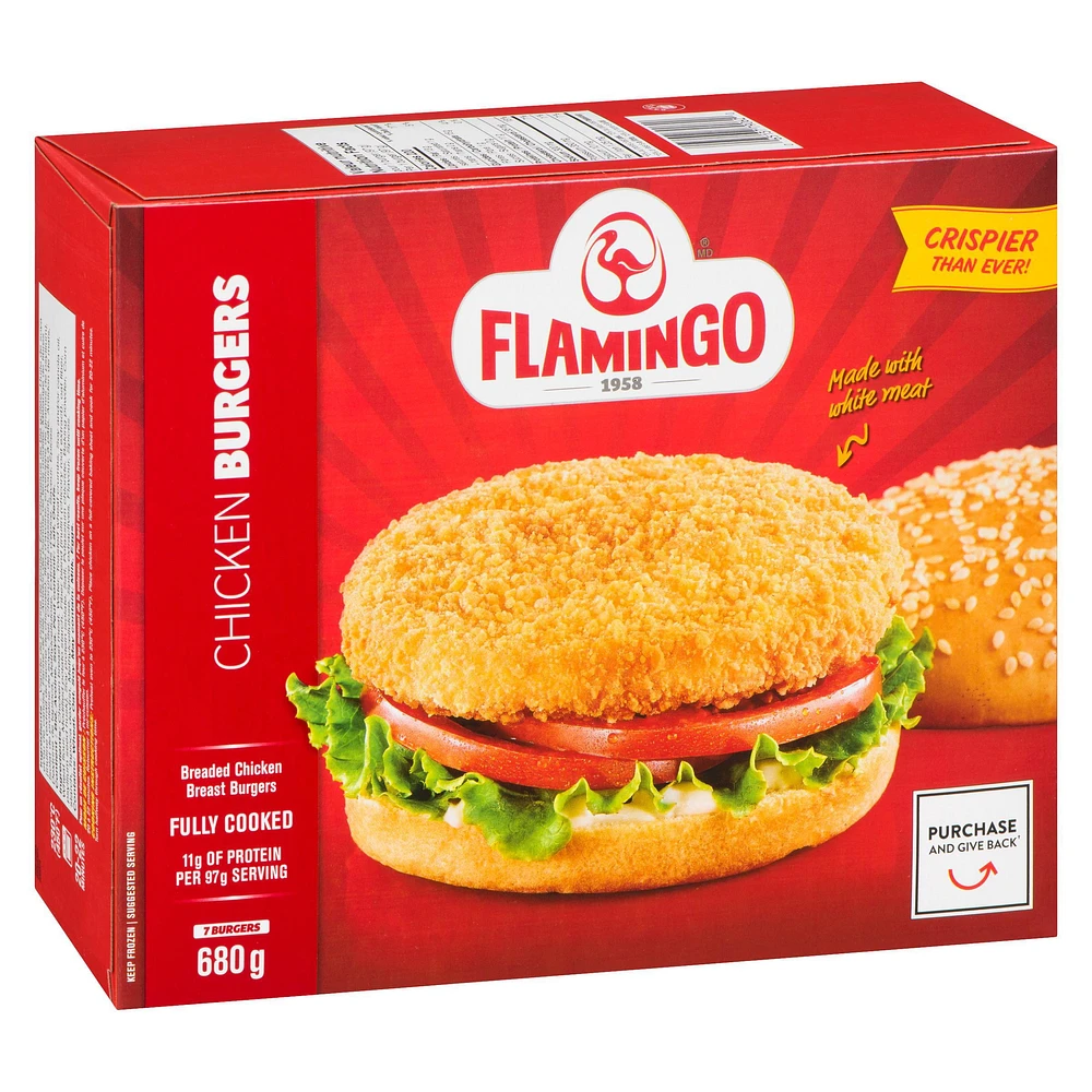 Chicken Breast Burgers Breaded and fully cooked, Flamingo, Chicken Breast Burgers Breaded and fully cooked,  680 g 11g meat protein