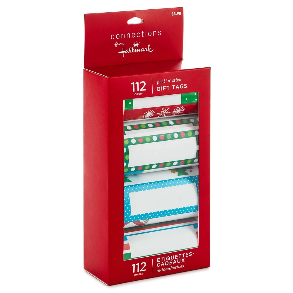 Boîte avec un assortiment de 112 étiquettes-cadeaux autoadhésives ornées de motifs de Noël amusants de Hallmark