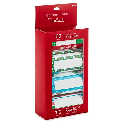Boîte avec un assortiment de  112 étiquettes-cadeaux autoadhésives ornées de motifs de Noël amusants de Hallmark