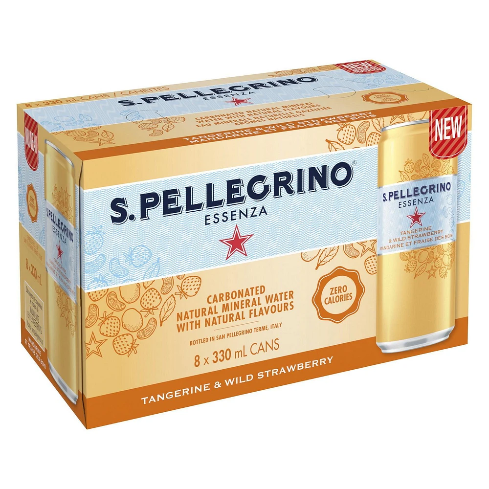 SAN PELLEGRINO ESSENZA Sparkling Water Tangerine & Wild Strawberry, 8 x 330mL Cans