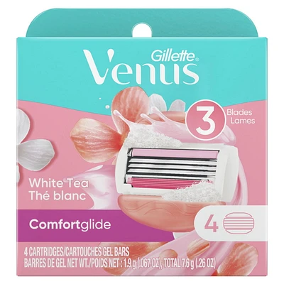 Venus ComfortGlide White Tea Women's Razor Blades, with Built-in Shave Gel Bars, 4 Razor Blade Refills, 4CT