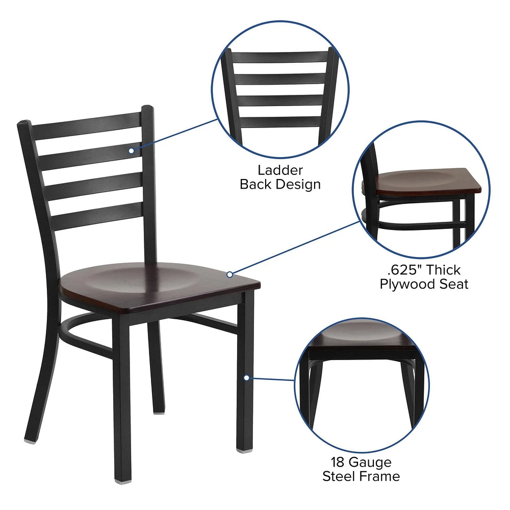 Lot de 2 pièces - Chaise de restaurant de la série HERCULES en métal noir avec dossier échelle - siège en bois d'acajou