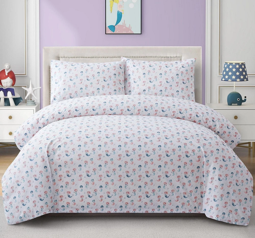 Marina Decoration Kids Girls Toddlers Cute Printed 600 Thread Count Soft Cotton Blend Percale Duvet Cover Set with Corner Tie and Zipper, Cartoon Mermaid Pattern