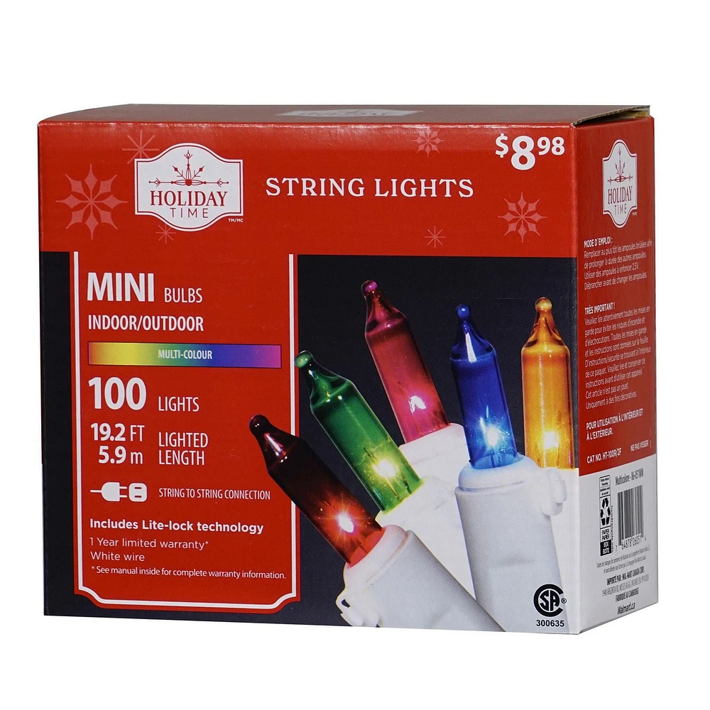Mini guirlandes de Noël lumineuses dotées de 100 ampoules à incandescence, multicolores, avec fil blanc, de 19,2 pieds, Holiday Time