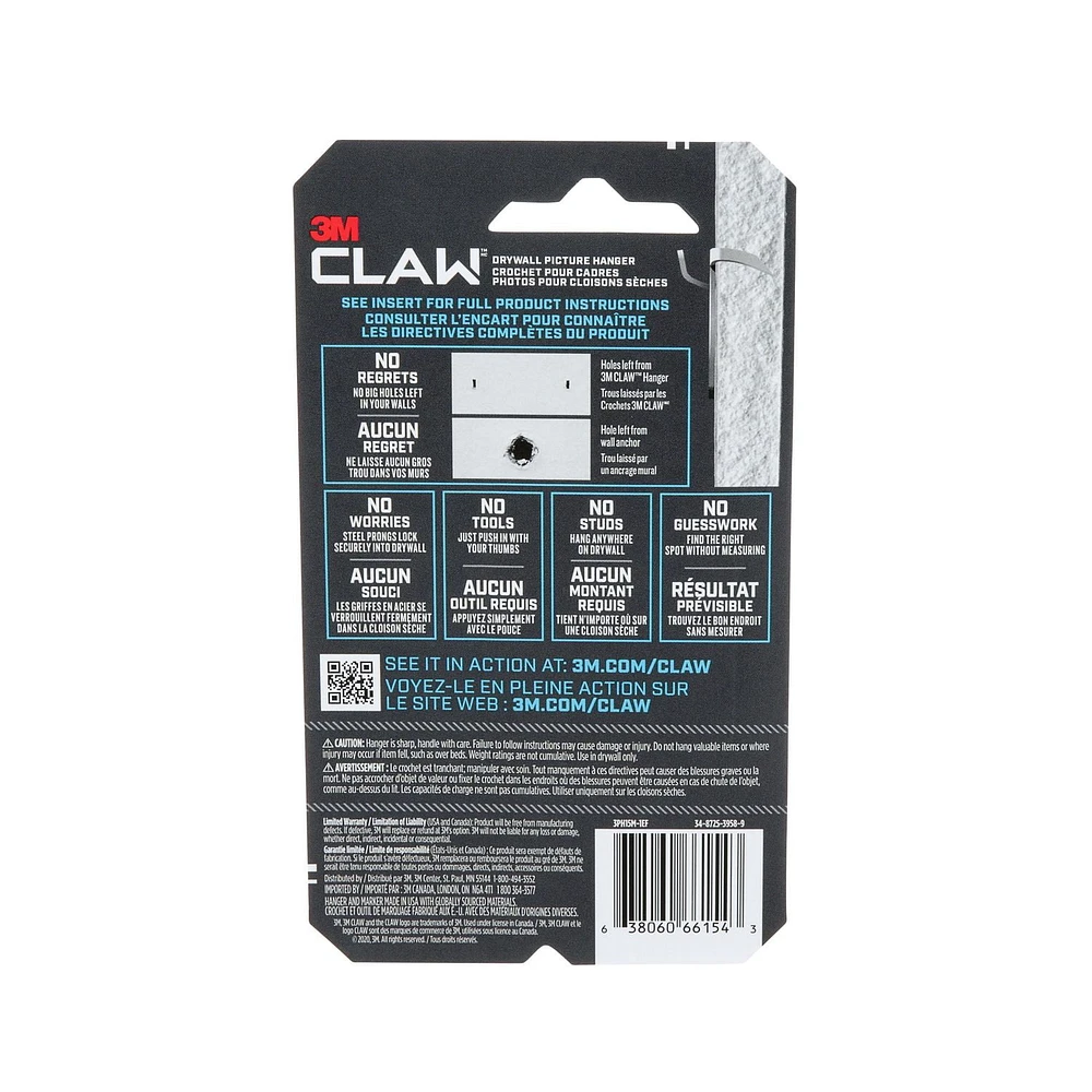 Crochet pour cadres pour cloisons sèches 3PH15M-1EF CLAW 3M(MC) avec outil de marquage temporaire, supporte 15 lb, 1 crochet 1 outil de marquage/paquet