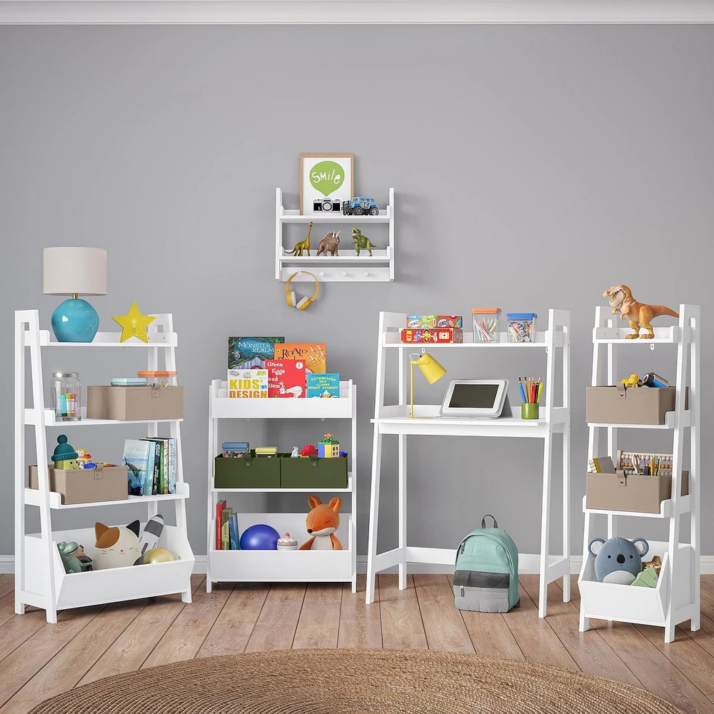 Kids 4-Tier 13in Ladder Shelf with Toy Organizer and 2pc Black Bins