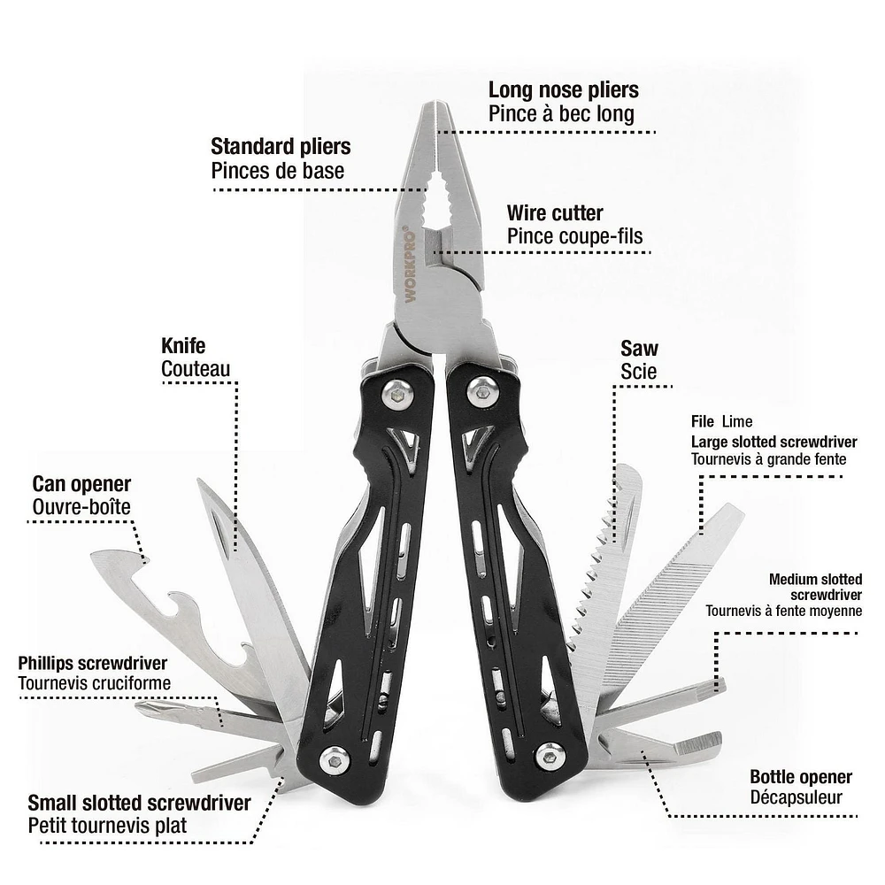 WorkPro 12-IN-1 Multi Tool,Aluminum handle, Pouch included