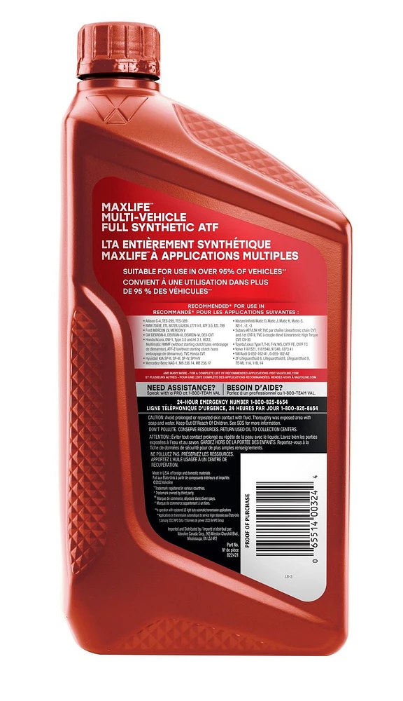 Valvoline Full Synthetic MaxLife Multi-Vehicle Automatic Transmission Fluid, – 946ML