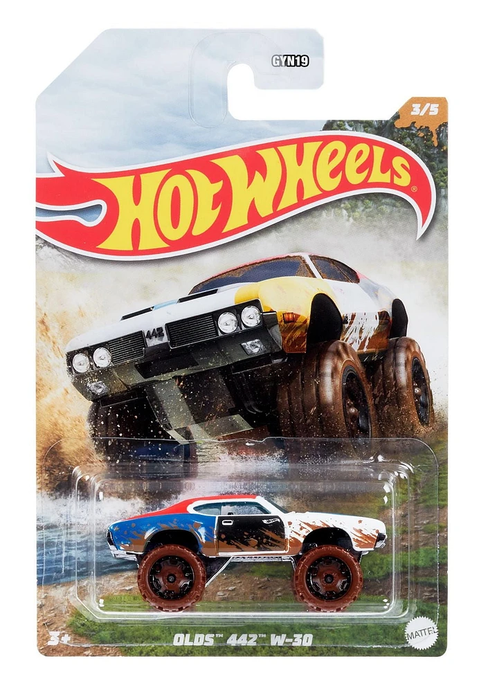 Hot Wheels Oldsmobile 442 W-30 Mud Machines 1:64 Scale 4x4 Vehicles for Kids 3 Years & Older & Collectors