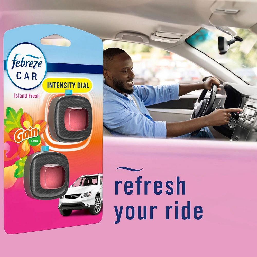 Assainisseur d’air sous forme de pince pour bouche d’air Febreze AUTO, parfum Fraîcheur des îles Gain, pince pour bouche d’air de voiture de 2mL3
