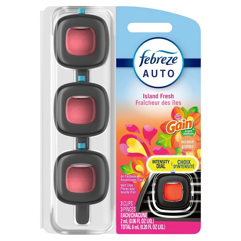 Assainisseur d’air sous forme de pince pour bouche d’air Febreze AUTO, parfum Fraîcheur des îles Gain, pince pour bouche d’air de voiture de 2mL3
