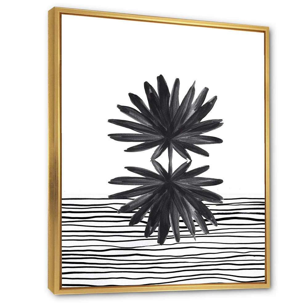 Designart Feuille tropicale noire et blanche sur rayures II ART MURAL À CADRE FLOTTÉ