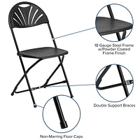 Chaise pliante en plastique noir de la série HERCULES à dossier Fan avec capacité de poids de 650 lb