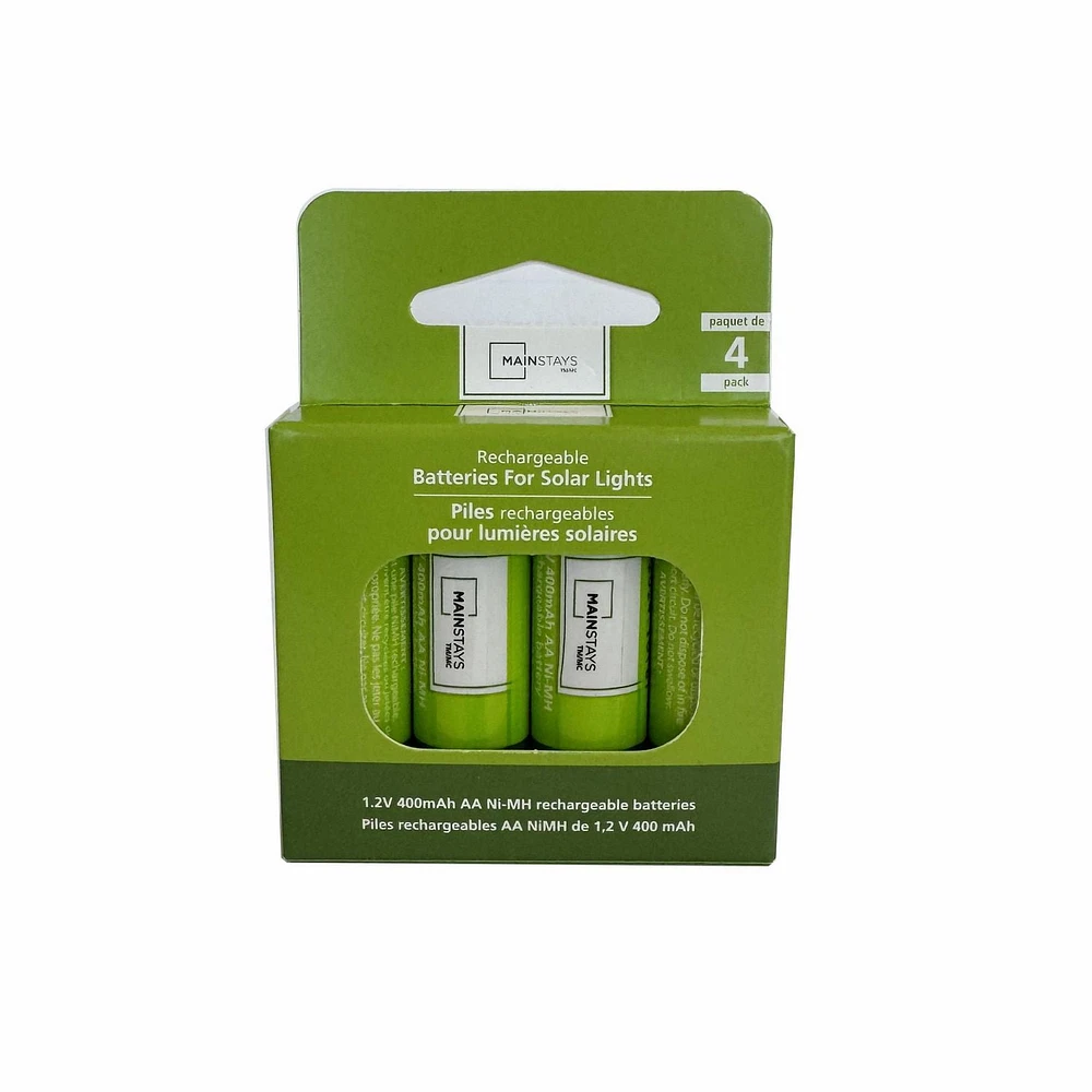 Mainstays Solar Rechargeable 400mAh AA Nickel Metal Hydride Batteries, 4 Count