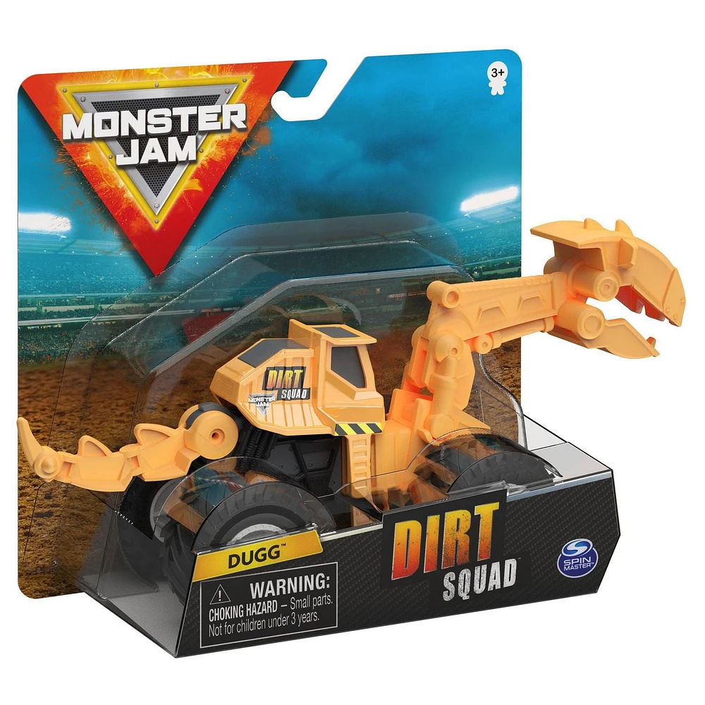 Monster Jam, Monster truck Dugg Dirt Squad Excavator officiel avec pièces mobiles, véhicule en métal moulé à l'échelle 1:64