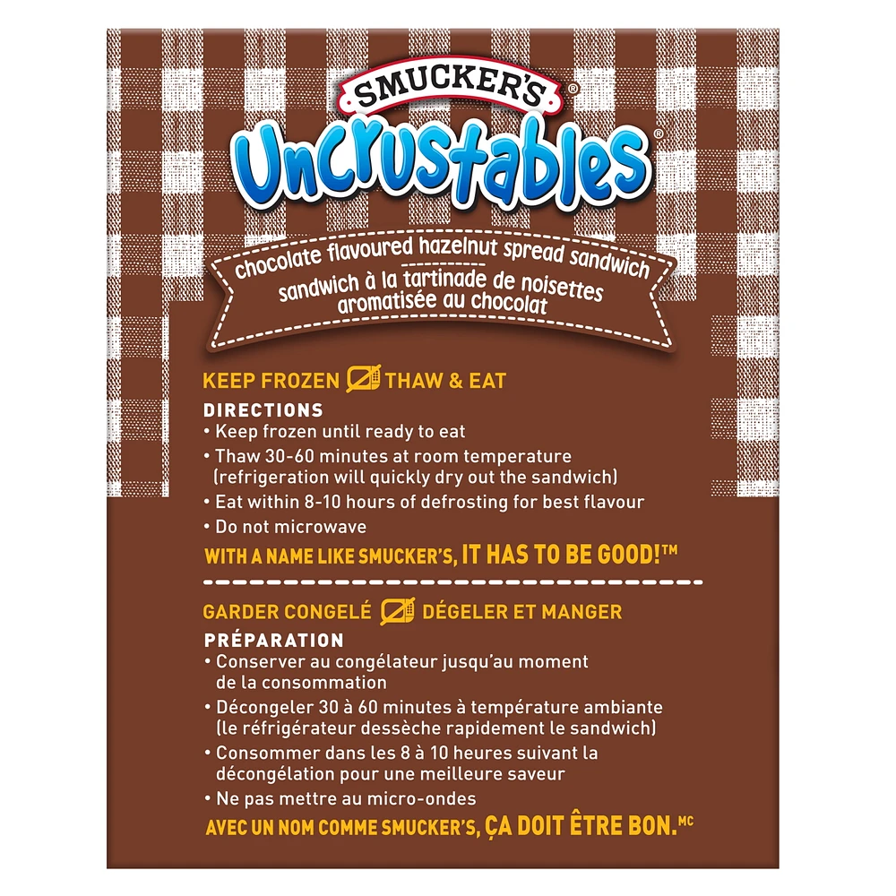 Smucker's Uncrustables Chocolate Hazelnut Spread Sandwich, Frozen, Pack of 10, Uncrustables soft, round and crustless Chocolate Flavoured Hazelnut Spread Sandwiches are a delicious way to make your family’s day. It’s the perfect snack anytime, anywhere. Found in the freezer aisle. Just Thaw & Eat