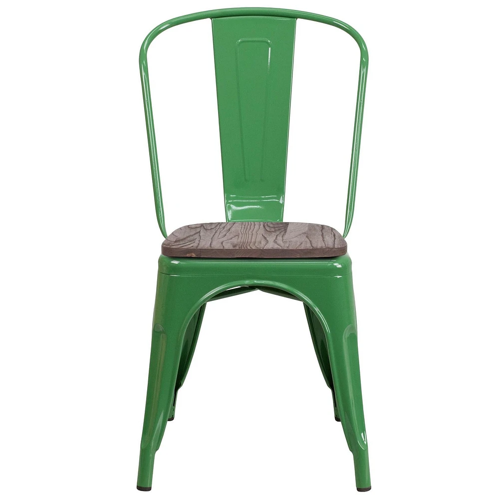 Lot de 4 pièces - Chaise empilable en métal vert avec siège en bois