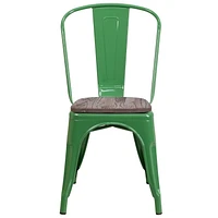 Lot de 4 pièces - Chaise empilable en métal vert avec siège en bois