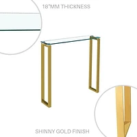 Table console Gyna de taille moyenne 8x36 avec plateau en verre et pieds dorés brillants pour entrée, couloir ou espaces de vie