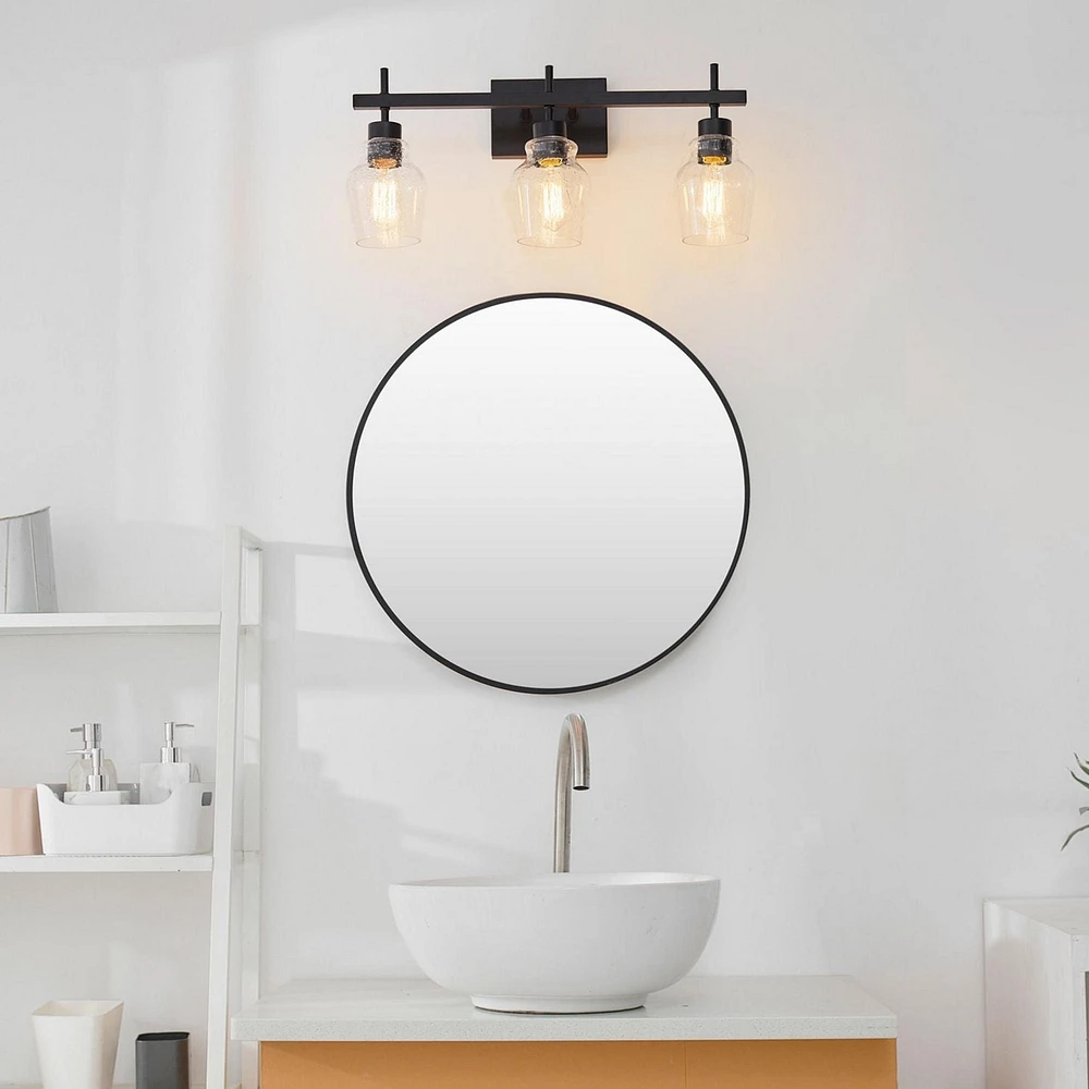 Ensemble de salle de bain tout-en-un de 5 pièces Bunbury, noir mat, applique murale à 3 ampoules avec abat-jours en verre bullé, porte-serviette, anneau à serviette, crochet à peignoir, supp