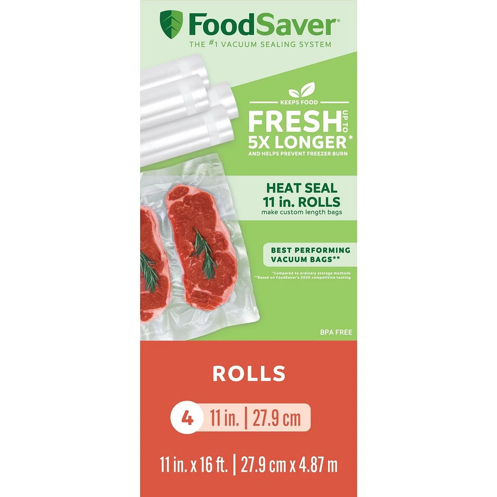 FoodSaver 11" x 16' Vacuum Seal Rolls for Custom Fit Airtight Food Storage and Sous Vide, 4 Pack