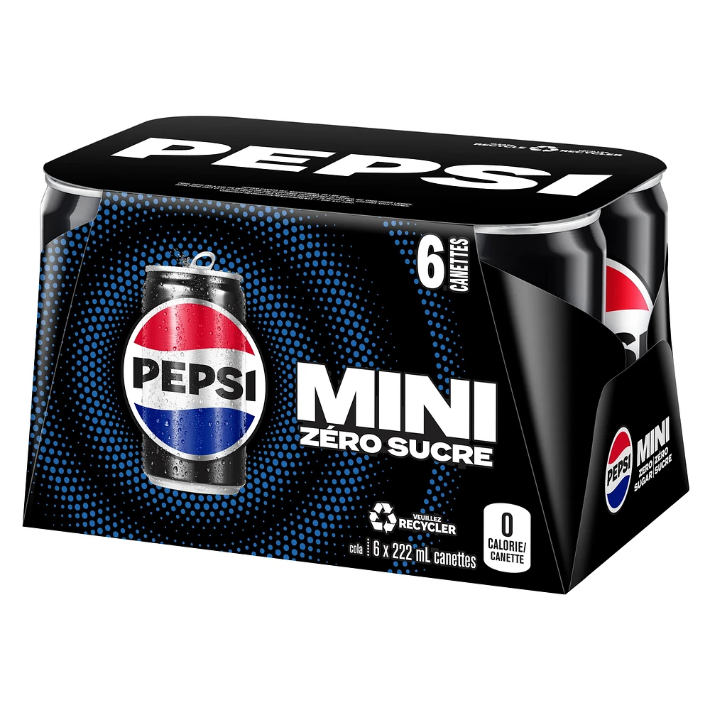 Pepsi Zero Sugar Cola 6 x 222mL, Mini Cans, 6 x 222ml