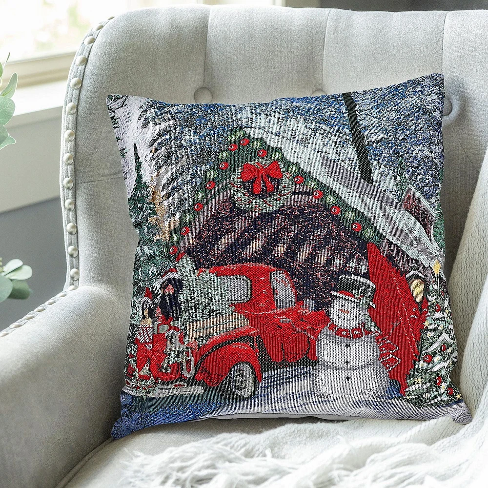 Christmas Tapestry Cushion Red Car Avec Cadeaux 18X18 - Ensemble De 2