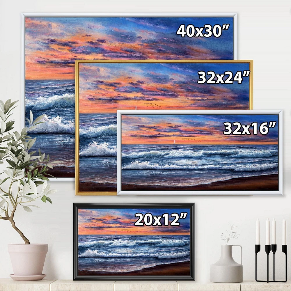 Designart Coucher de soleil sur l'océan bleu II ART MURAL À CADRE FLOTTÉ