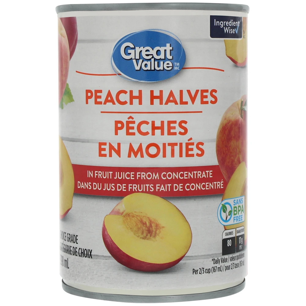 Great Value Peach Halves in Fruit Juice from Concentrate, 398 mL