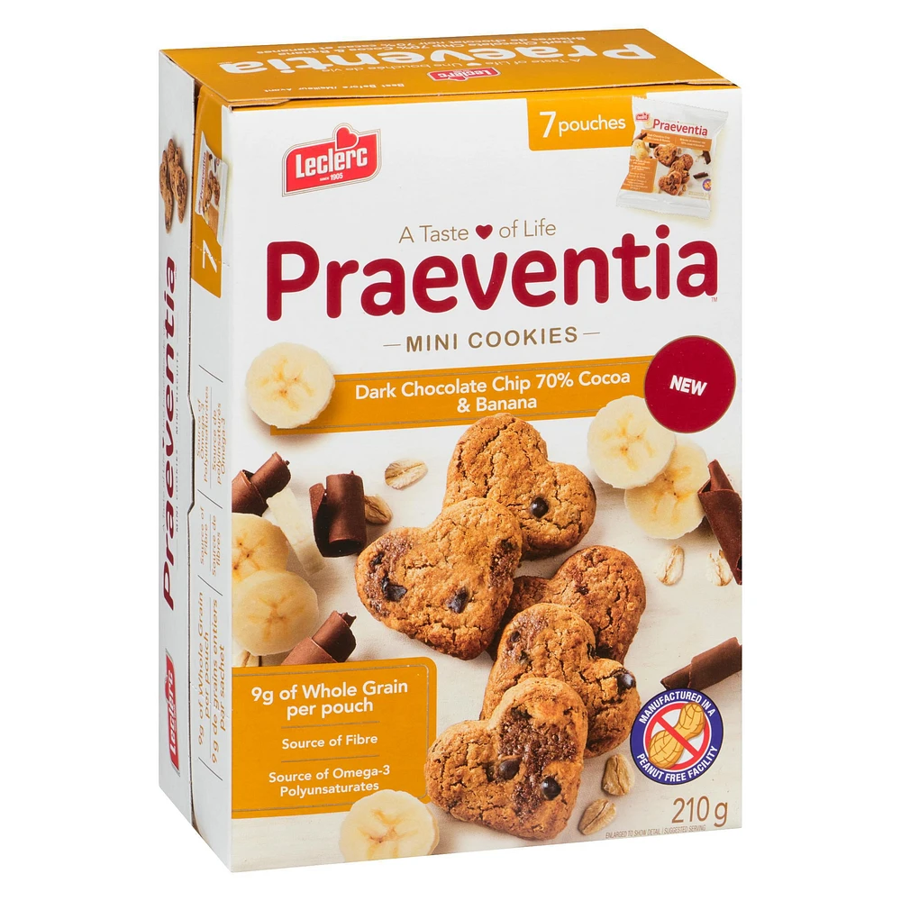Praeventia Brisures de Chocolat Noir 70% Cacao et Bananes Mini Biscuits 210g/7 sachets