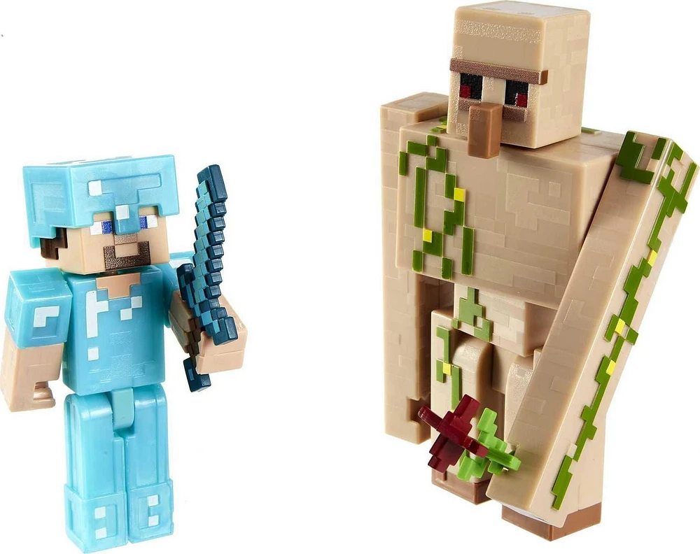 Minecraft  Steve and Iron Golem 3.25-inch Action Figure 2-Packs with 2 Figures and 2 Accessories