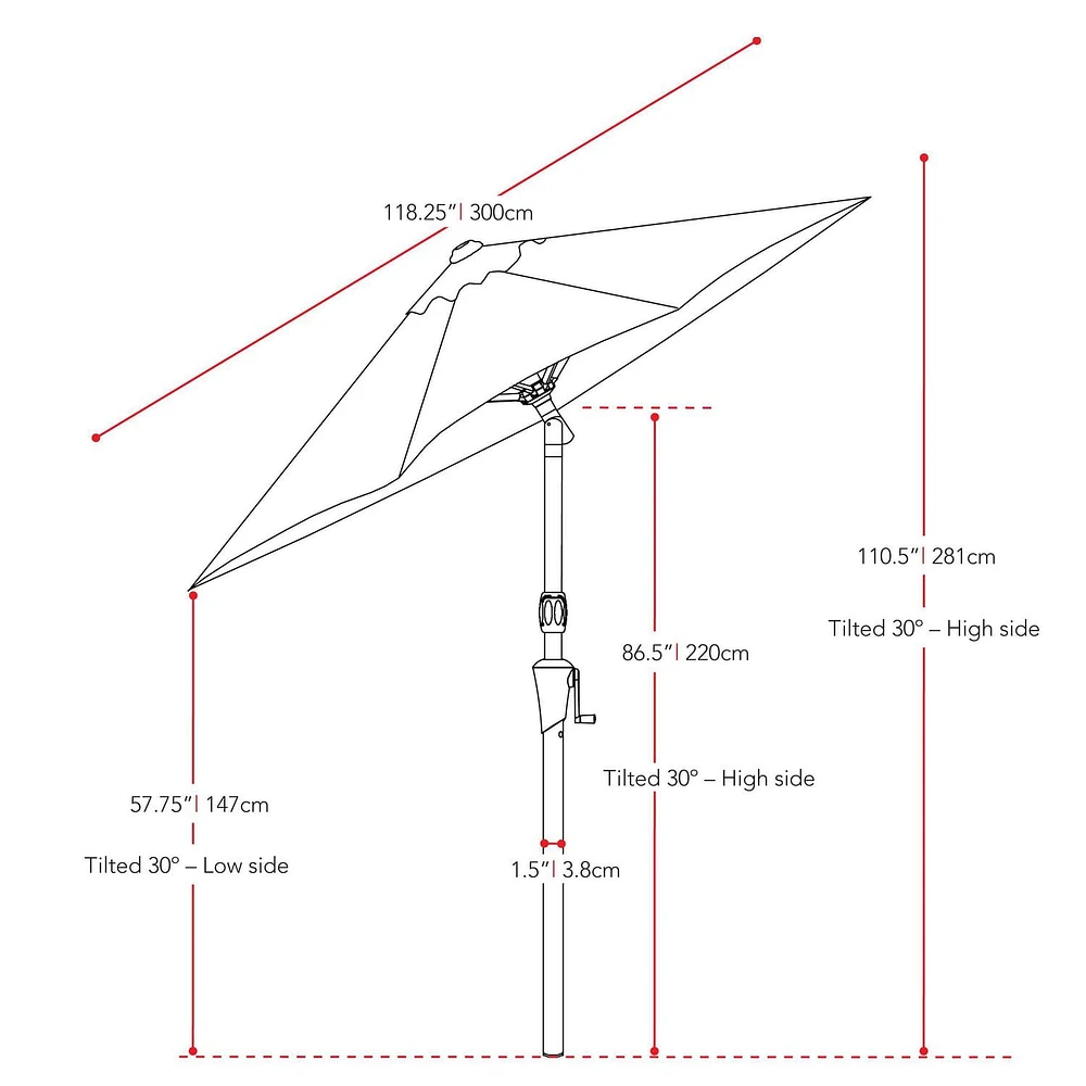 Parasol de marché rond inclinable résistant au vent de 10 pieds CorLiving avec manivelle et cadre en aluminium et en acier