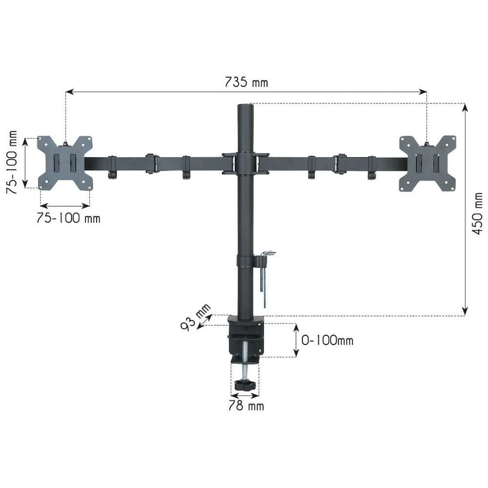 Techly Support de bureau à double moniteur à mouvement complet de 13" à 27" Inclinaison +/-90° Capacité de charge jusqu'à 10 kg x 2 VESA jusqu'à 100x100 mm, Noir