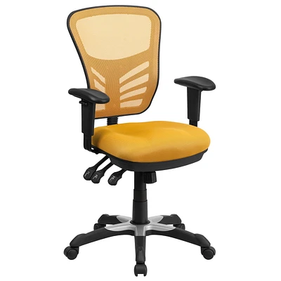 Chaise exécutive pivotante multifonctions en maille jaune-orange à dossier mi-hauteur avec appui-bras réglable