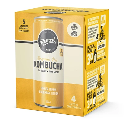 Organic, No Sugar, Raw and Unpasteurized, Naturally Caffeinated Remedy Kombucha Ginger Lemon 4PK, 4x355 ML