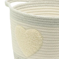 Cotton Rope Storage Basket with Boucle Heart Patch, Ivory with Grey Trim